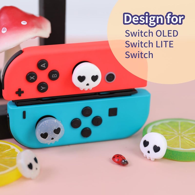 FlyingMage Switch Joycon Thumb Grips Caps, 4 PCS Cute Kawaii 3D Silicone Analog Thumbstick Button Cover Compatible with Nintendo Switch Lite/OLED Joystick Caps (White+Clear Skull) - Image 3